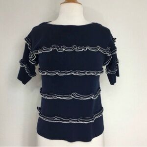 J. Crew Women Navy White Ruffle Short Sleeve Cotton Knit Sweater Size XXS Preppy